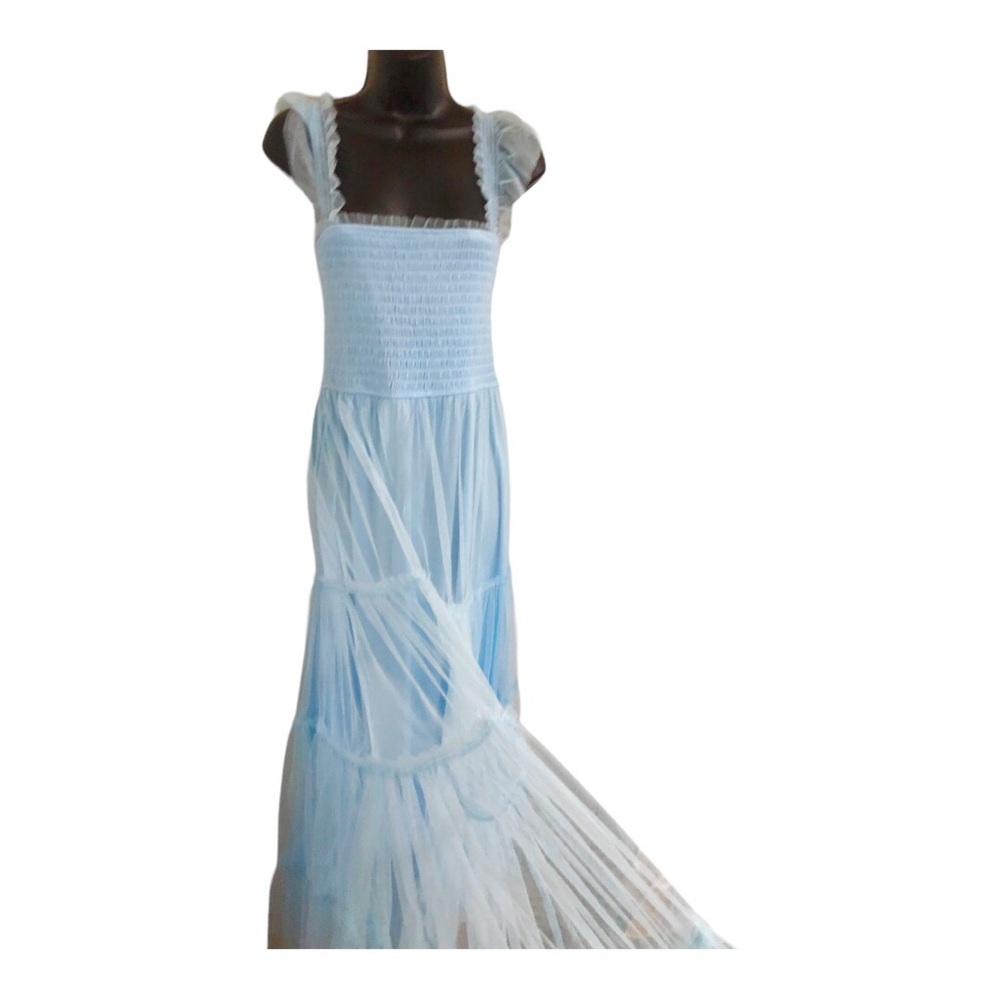 Blue selkie look sheer chiffon tiered smock bodice ruffle strap maxi dress sz L